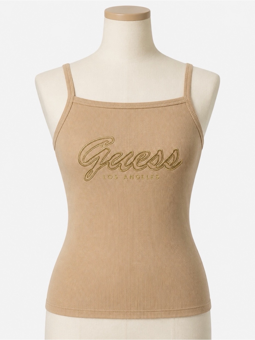 GUESS Beige Ribbed Logo Cami Tank